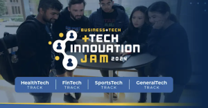 Tech Innovation Jam Logo with People Displayed Behind, And Different Tech Categories That People Can Work In During The Jam