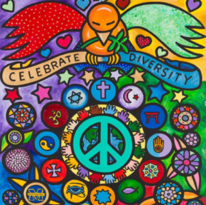 Multicolor bird holding a banner that reads celebrate diversity perching on top of a circle of the symbols for the major world religions