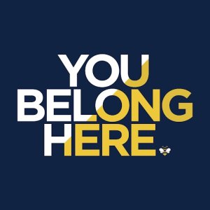 Navy blue background with white and yellow text that says You Belong Here with a small bee graphic as a period