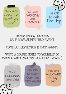 Gray Backround with colorful sticky notes with affirmations. Advertises a Self Love Event happening in the Mahatma Gandhi Multicultural Lounge from 4:00-8:00 PM on September 18th.