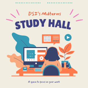 A cartoon image of a person sitting at a desk doing work under the event title.