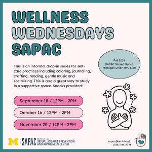 Information about Wellness Wednesday is the same as what is on this website. There is a drawing of a person hugging themselves with flowers in the corner.