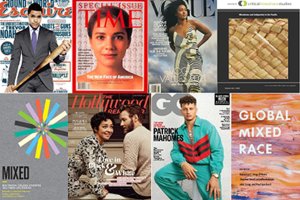 Eight book and magazine covers, including Esquire, Time, and Vogue, with images and stories about being mixed race..