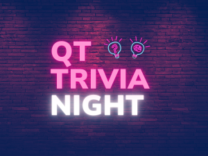 QT Trivia Night in a neon light motif, with a brick background