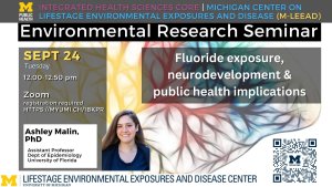 Photo of the speaker with the title of the talk "Fluoride exposure, neurodevelopment & public health implications".