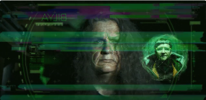 Still from Refugium, a short film of speculative fiction by event speaker Jen Rae and collaborator Claire Coleman. Two women connect via a video call with a static-y transmission signal.