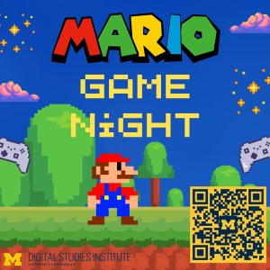A pixelated image of grass, trees, and a blue sky with the character Mario. The DSI logo is in the lower left and the registration QR code is in the bottom right.