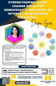 flyer for strengthening social change roles workshop, 10 circles around center circle with different roles in social change ecosystem model, picture of indian women in pink top, 2 center logos for Ginsberg Center and Social Work Engage program