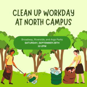 Image depicts cartoon people cleaning up trash and information about the date, time, and location of the cleanup.