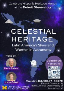 A poster detailing event information. The middle shows the title. The bottom shows photos of the two speakers, Professor Nuria Calvet and Professor Mario Mateo.