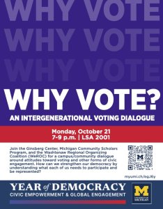 Why Vote? is repeated several times in gradients of blue on a dark blue background.