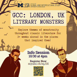 Flier for study abroad program that includes Big Ben, graveyard iconography, and monsters.