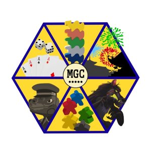 The logo of Michigan Games and Cards. It is a yellow hexagon divided into 6 triangles each featuring different game pieces.