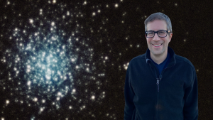 Event poster with visiting speaker, Dean Regas, in the foreground. The background shows a star cluster photo taken through the historic Fitz telescope at the Detroit Observatory.