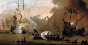 Naval battle between British sailors and pirates off the Barbary Coast.