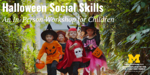 Group of diverse preschool-age children walking on a sidewalk, dressed in costumes, with bags in hand to trick or treat.