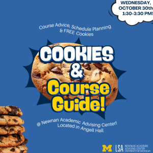 Chocolate chip cookie background with event details listed