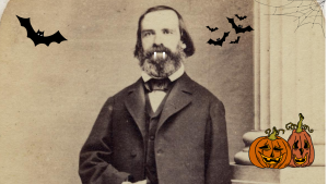 Edited historical photo of Franz Brunnow, the second director of the Detroit Observatory. Cartoon bats, vampire fangs, and spider webs have been added to emphasize the Halloween aspect of this event.