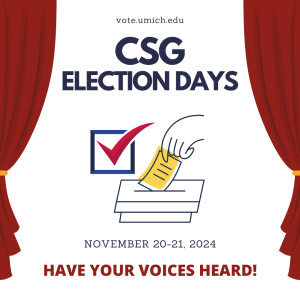 A hand is dropping a ballot into a ballot box, with captions reading "CSG Election Days", November 20 through 21, 2024, and "Have your voices heard!"