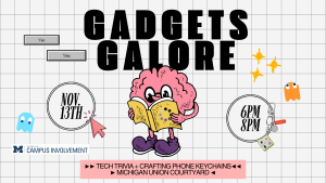 A illustration of a brain with arms, legs, and eyes, reading a book. The brain appears anthropomorphized, engaging with the book as if it were a person. The image is part of a flyer titled 'Gadgets Galore,' which also includes event details. A illustration of a brain with arms, legs, and eyes, reading a book. The brain appears anthropomorphized, engaging with the book as if it were a person. The image is part of a flyer titled 'Gadgets Galore,' which also includes event details.