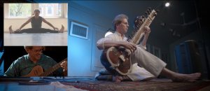 Photos of Robert Newcomb playing music and doing yoga.