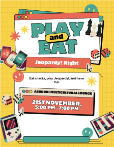 Yellow poster with the words 'Play and Eat jeopardy night!' with images of card games and chess Yellow poster with the words 'Play and Eat jeopardy night!' with images of card games and chess