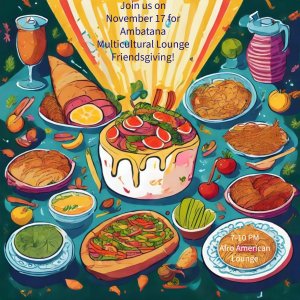 Poster with the words stating 'Join us on November 17 for Ambatana Multicultural Lounge Friendsgiving!' with food in the background Poster with the words stating 'Join us on November 17 for Ambatana Multicultural Lounge Friendsgiving!' with food in the background
