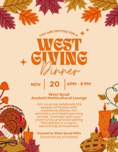 Poster with words stating 'You are invited for a West giving dinner' with images of fall leaves, turkey, and pie Poster with words stating 'You are invited for a West giving dinner' with images of fall leaves, turkey, and pie