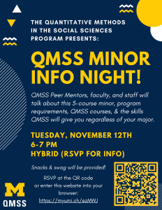 QMSS Minor Info Night in gold letters on a dark blue background. QMSS Peer Mentors, faculty, and staff will talk about this 5-course minor, program requirements, QMSS courses, and the skills QMSS will give you regardless of your major. Tuesday, Nov 12, 6-7pm, hybrid (RSVP for info)