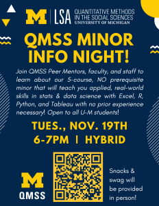 Dark blue background with golden and white lettering advertising the QMSS Minor Info Night on Tuesday, November 19th from 6-7pm, hybrid event. Dark blue background with golden and white lettering advertising the QMSS Minor Info Night on Tuesday, November 19th from 6-7pm, hybrid event.
