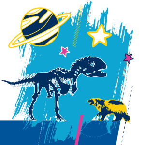 Illustration of dinosaur, planet and wolverine