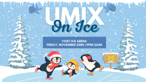 3 joyful penguins skating on ice with a winter theme backdrop.