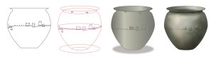 Four pots depicted in increasing detail, from an outline only to fully presented Four pots depicted in increasing detail, from an outline only to fully presented