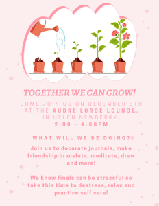 Pink background with plants on it advertising Together We Can Grow Event at the Audre Lorde Multicultural Lounge.