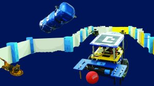 A flying robot blimp, a micro robot, and a few two-wheeled MBots with a maze of panels in the background.