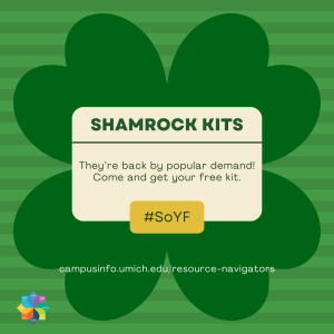 Graphic shows large shamrock leaf on striped green background. Text: Back by popular demand. Come and get your free kit. Additional text outlines details within event. U-M Wellness Wheel in lower left corner.