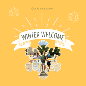 Graphic with butter yellow background (like winter sun), shows snowflakes and a inset photo of ResNavs on Ingalls Mall.