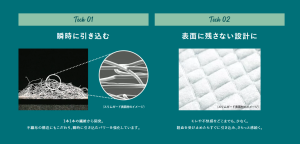 The image shows two technologies for a sanitary napkin. A microscopic view of a non-woven fabric with fibers that resemble a tangled mass. The surface of the napkin is designed with tiny bumps that help to prevent menstrual fluid from pooling and leaving residue.
