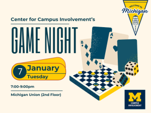 Beige background with maize and blue writing. An Assortment of games is pictured on the right.