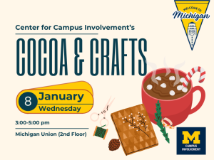 Maize and blue writing with a red cocoa cup and some crafts on the right side.