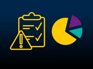 A clipboard with two checkmarks and an exclamation mark; a pie chart with a large yellow portion, a smaller purple portion, and the smallest aqua portion