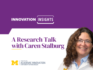 Poster for "Innovation Insights: A Research Talk with Caren Stalburg" by the Center for Academic Innovation at the University of Michigan, featuring a woman wearing glasses smiling in front of a purple background Poster for "Innovation Insights: A Research Talk with Caren Stalburg" by the Center for Academic Innovation at the University of Michigan, featuring a woman wearing glasses smiling in front of a purple background