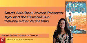 Book cover for Ajay and the Mumbai Sun and photo of author Varsha Shah