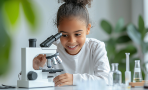 Young child looks into microscope while smiling.  Plants are in the background
