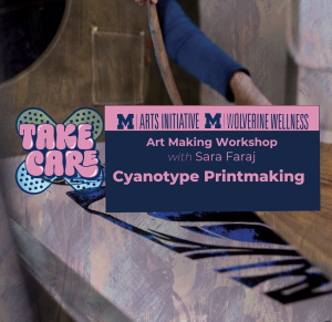 Take Care campaign logo with a person making a cyanotype in the background. Take Care campaign logo with a person making a cyanotype in the background.
