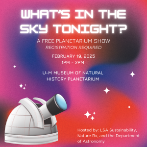 "What's In The Sky Tonight" event flyer. Pink, red, and purple background with white cartoon stars and observatory graphic.