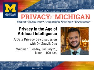 Privacy in the age of AI presentation with Dr. Sauvik Das from Carnegie Mellon University flyer with photo (details as presented).