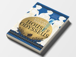 The cover of “House of Odysseus” by Claire North, which shows three faceless women, one of whom pours out a bowl of water over the title text.