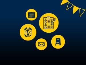 A banner, a calendar, a checklist, a flyer, an envelope, and an A-frame stand A banner, a calendar, a checklist, a flyer, an envelope, and an A-frame stand