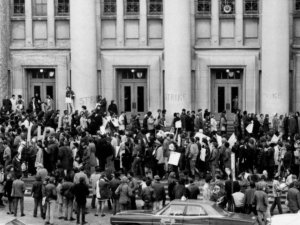 Protest at University of Michigan Convocation (Bentley Historical Library)